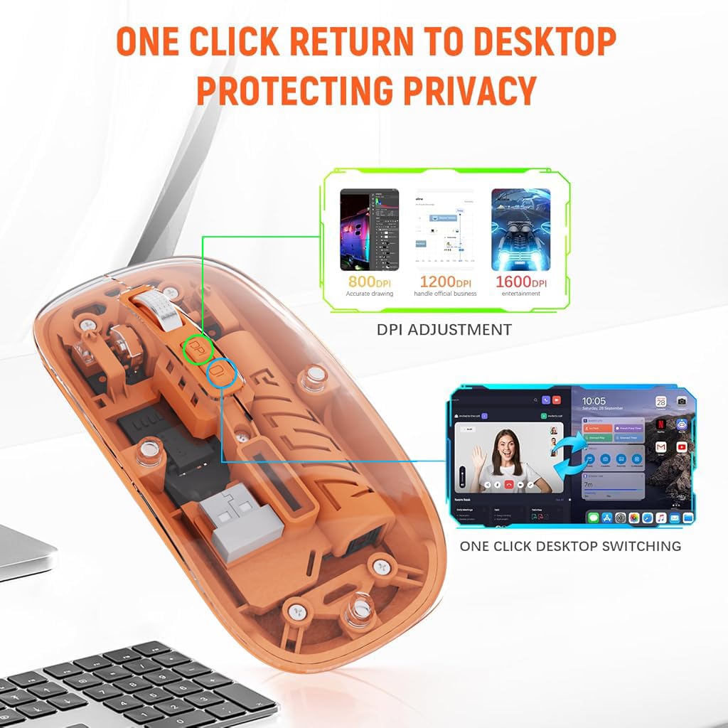 Verilux® USB Wireless Bluetooth Mouse Dual-Mold 2.4GHz Gaming Wireless Mouse Silent Wireless Mouse Adjustable DPI Design Fashion Transparent Bluetooth Wireless Mouse for PC, Laptop