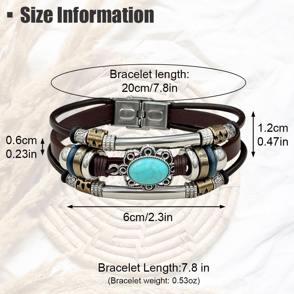 GUSTAVE Leather Bracelets Set for Men and Women with Turquoise Stone & Braided Layers | Handmade Adjustable Bohemian Cuff