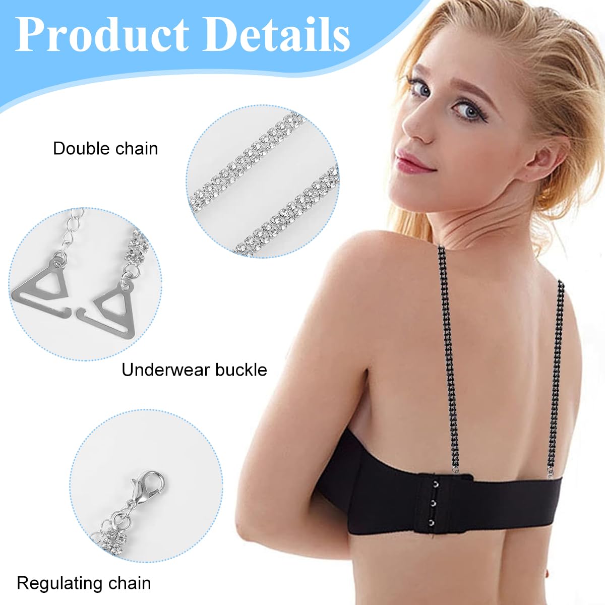 MAYCREATE Metal Bra Straps for Evening Dress with Dual Metal Hooks and Rhinestones | Adjustable 28–43 cm Black and Silver