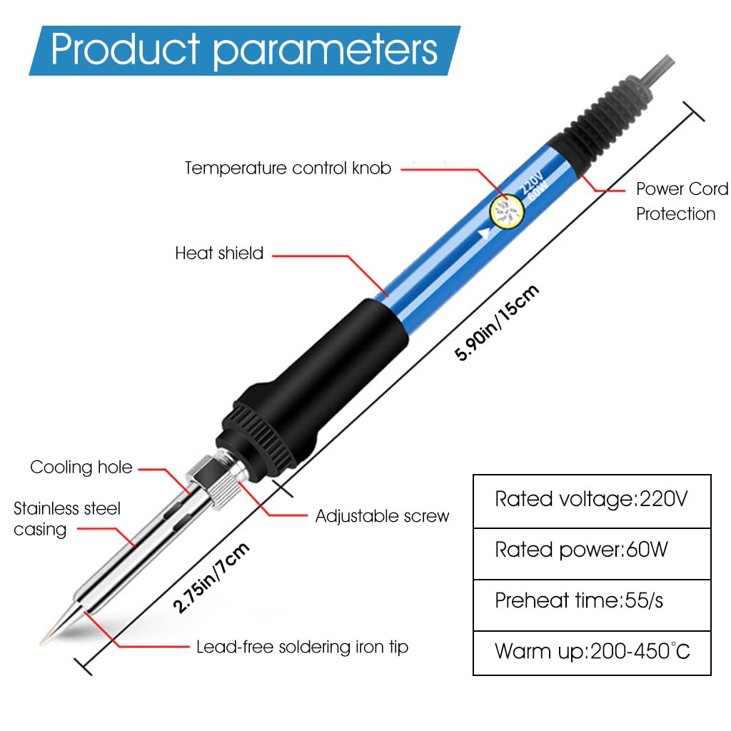 ZIBUYU Electric Soldering Iron 60W Temperature Control Electric Welding Iron 60W/220V Welding Tool for Electronics Repaired, DIY Electronics Assemble - Blue