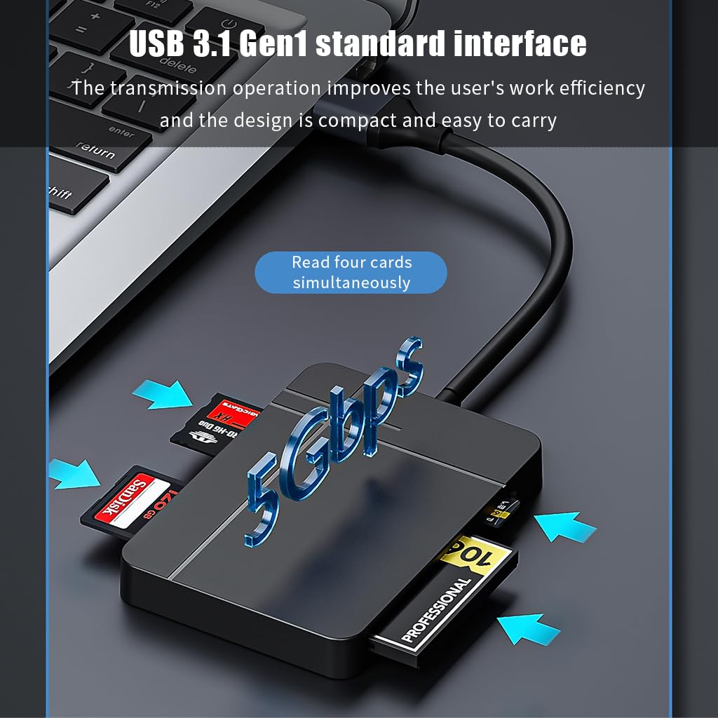 Verilux USB Card Reader for UHS-II SD TF CF MS Cards with Dual USB C and 3.0 Ports | 5Gbps 4-in-1 Design