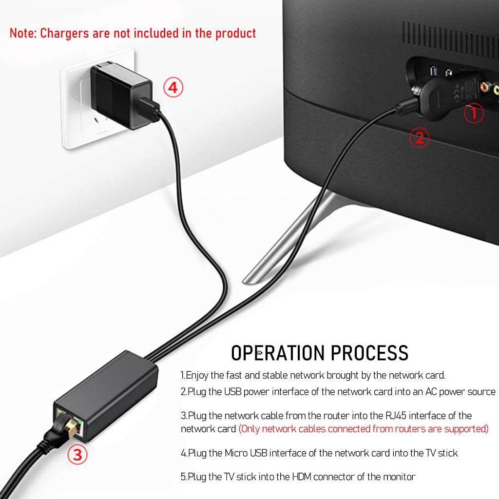 Verilux® USB to Ethernet Adapter Ethernet to USB Mirco USB A Port to RJ45 Ethernet Adapter with USB Power Supply Cable 3.3ft, for Chromecast Ultra/2/1/Audio, Google Home Mini, Fire TV Stick