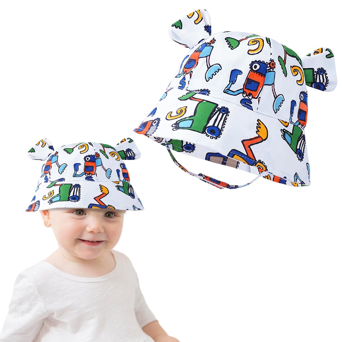 SNOWIE SOFT® Baby Sun Hat Wide Brim Bucket Hat for Todders, Breathable Hat with Chin Strap Cover for Age 1-2, Cartoon Summer Hat Outdoor Hat with Whistle for Spring Summer, Beach Hat for Girl Boy