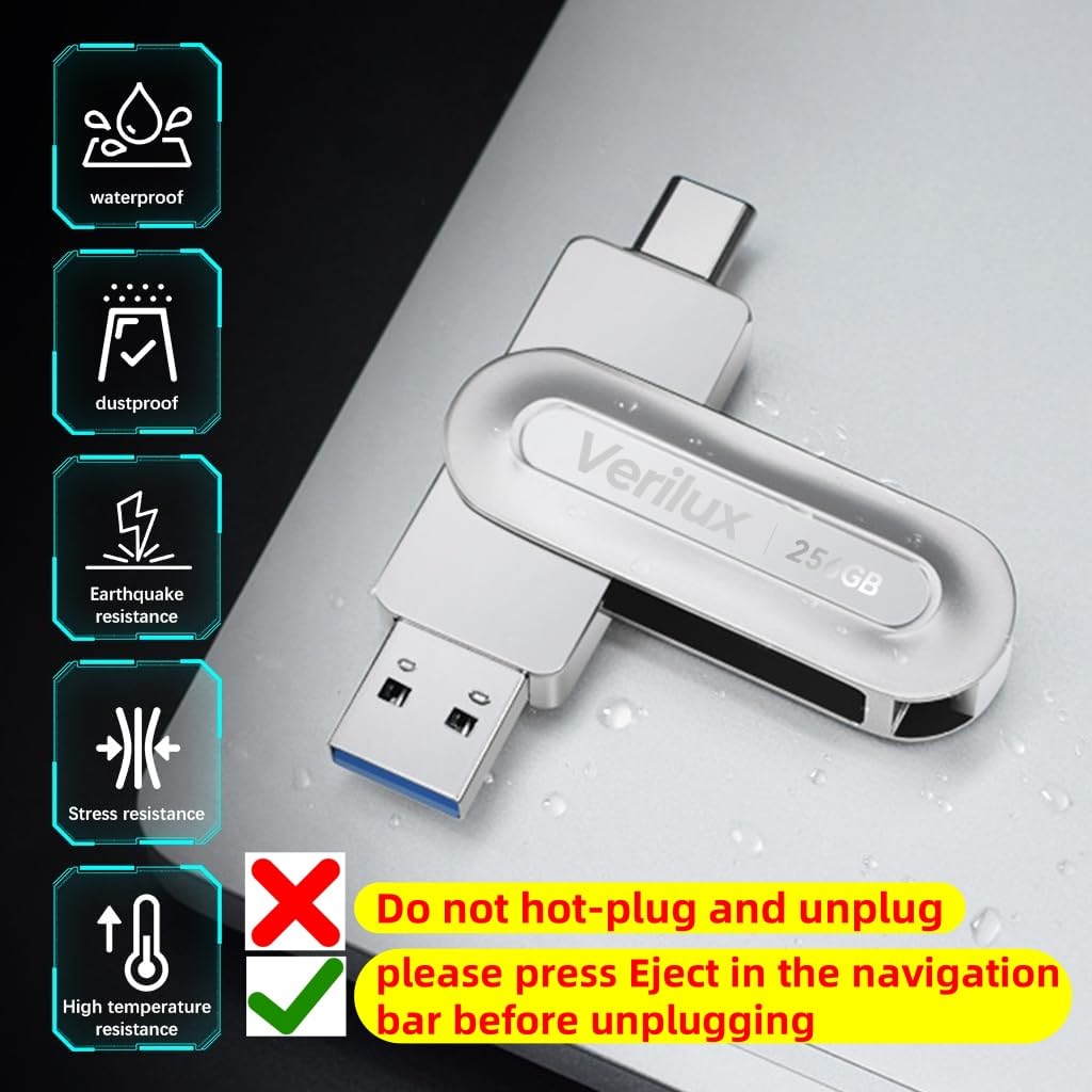 Verilux Pendrive 256GB for iPhone and Android with USB C & A featuring 360° Rotation Design