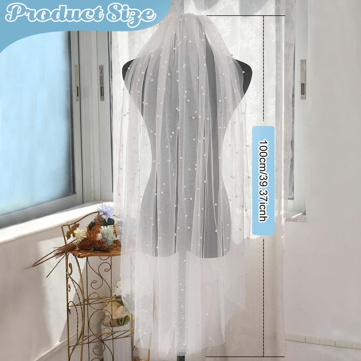 PALAY® Pearl Bridal Veil for Wedding White 1 Tier 1m Cathedral Tulle Veil with Comb, Elegant Fingertip Length Wedding Veil for Bride