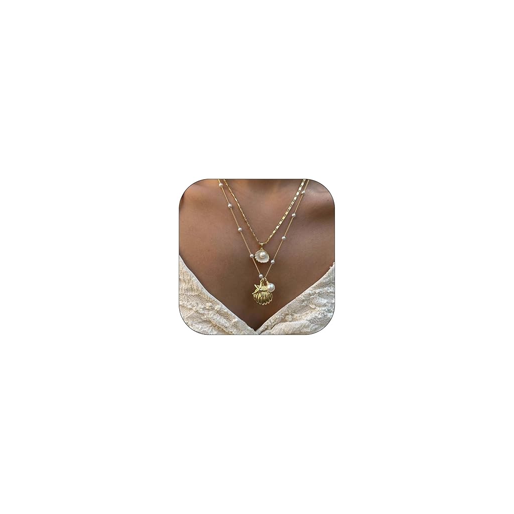 SANNIDHI® 2Pcs Chic Boho Necklaces Fashion Beach Wear Jewelry Necklace Layered Pearl Seashell Charming Pendent Necklaces Adjustable Metal Dainty Necklace Women Jewelry Gift