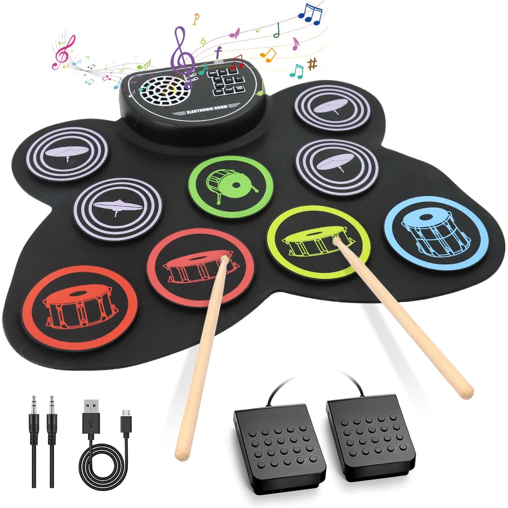 HASTHIP® Electronic Drum Set, Marrilley 9 Drum Practice Pad with Headphone Jack, Roll-up Drum Pad Machine Built-in Speaker Drum