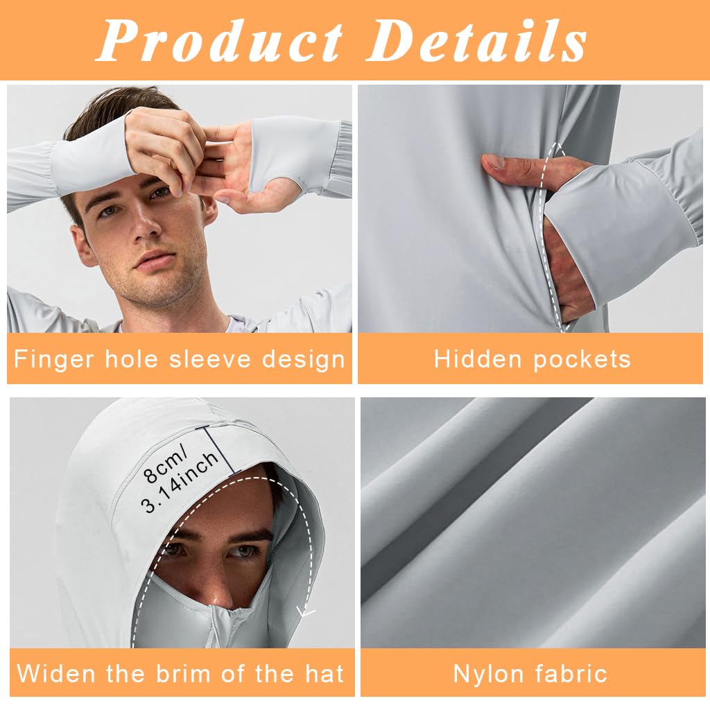 GUSTAVE Men's UPF 50+ Sun Protection Jacket with Full Zip Hood and Pockets for Outdoor Activities