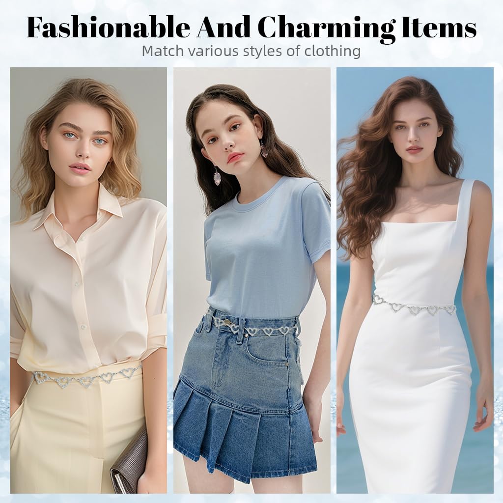 SANNIDHI Waist Chain for Women featuring Rhinestone Heart Links in Silver Alloy | Adjustable Belt for Dresses, Jeans and Skirts