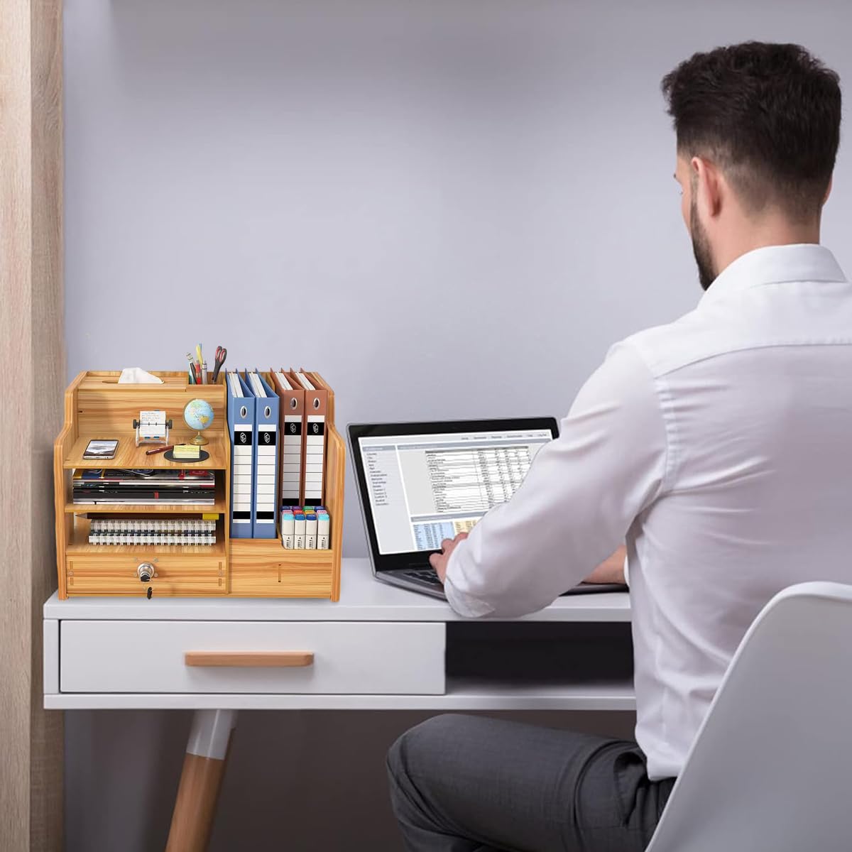 Climberty Wooden Desk Organizer for Office and Home with Lockable Drawer | Cherry Wood 38.3×29×28 cm