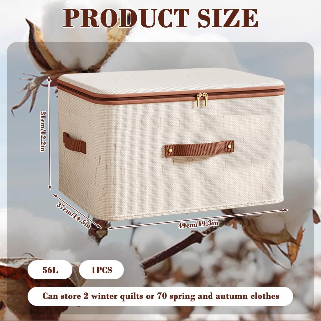 HASTHIP Storage Bins for Clothes with Dual Zipper and Reinforced Handles | 56L Foldable Cotton Linen Boxes
