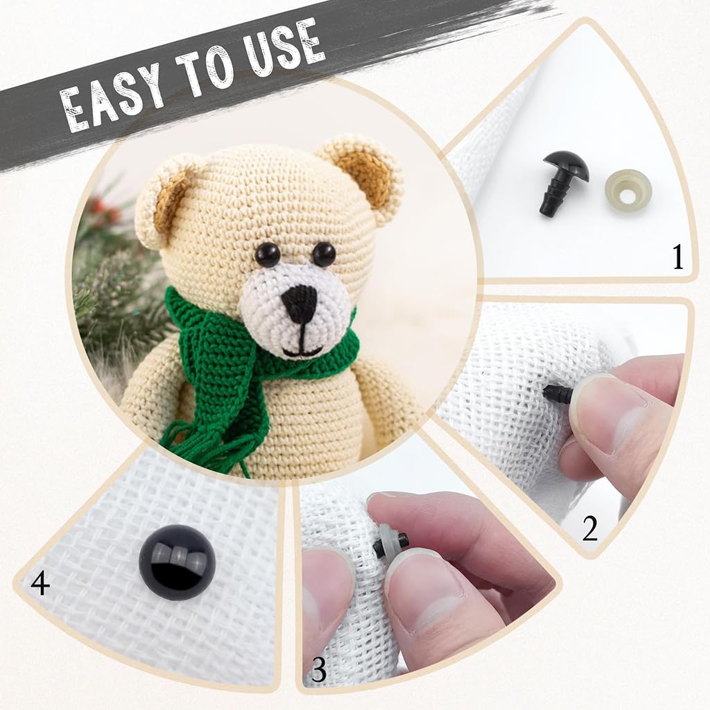 ZIBUYU Safety Eyes for Crochet and Plush Toys 100 pcs 6mm–12mm with Lock Washers | Black Plastic Set in Storage Box