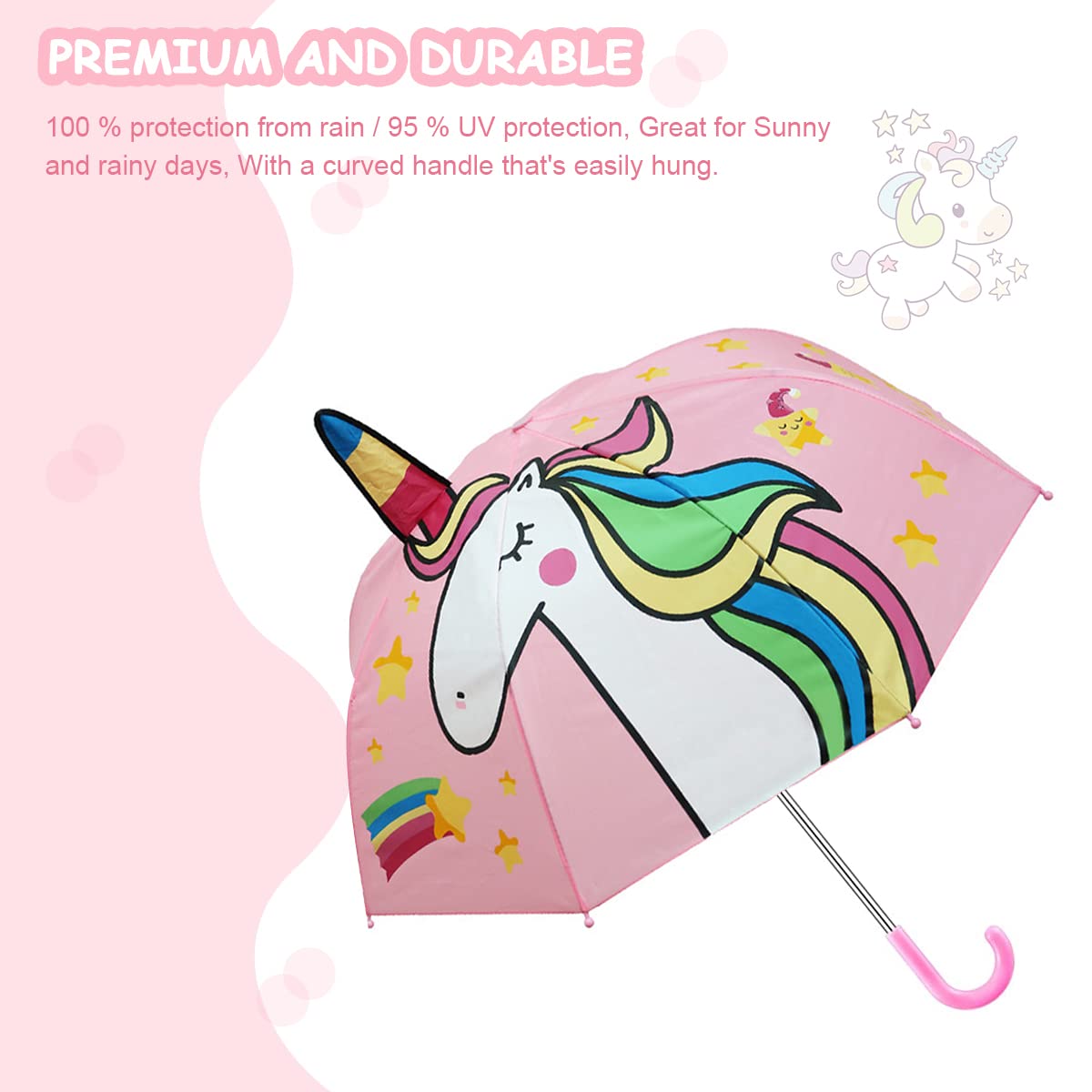 PALAY Unicorn Umbrella for Kids with 29 inch Canopy and 8 Fiber Ribs | 3D Ears Design