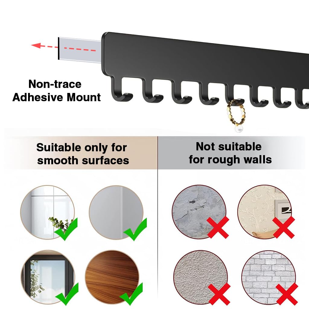 Zibuyu Wall Jewelry Organizer Rack Set for Bathroom or Kitchen with 12 Hooks | 32 x 6.7 x 2 cm Metal Adhesive Mount
