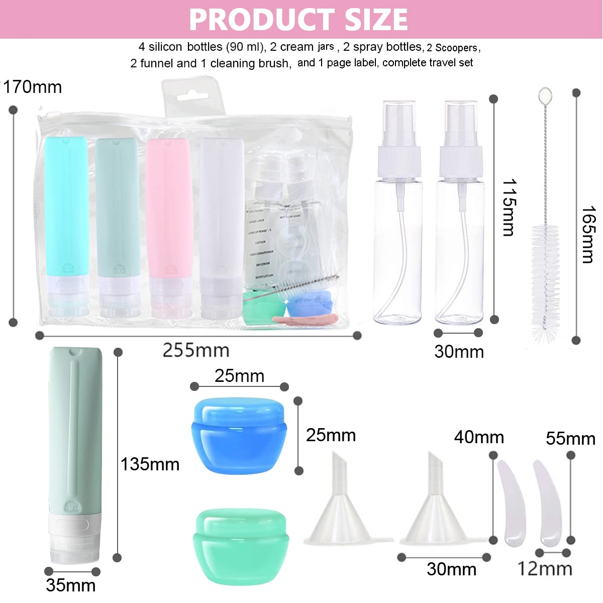 MAYCREATE® 14pcs Travel Bottles for Toiletries Silicone Leak Proof Squeezable Containers Cream Jars Spray Bottles Kit for Shampoo Lotion - with Applicator, Funnel, Clean Brush, Label Stickers