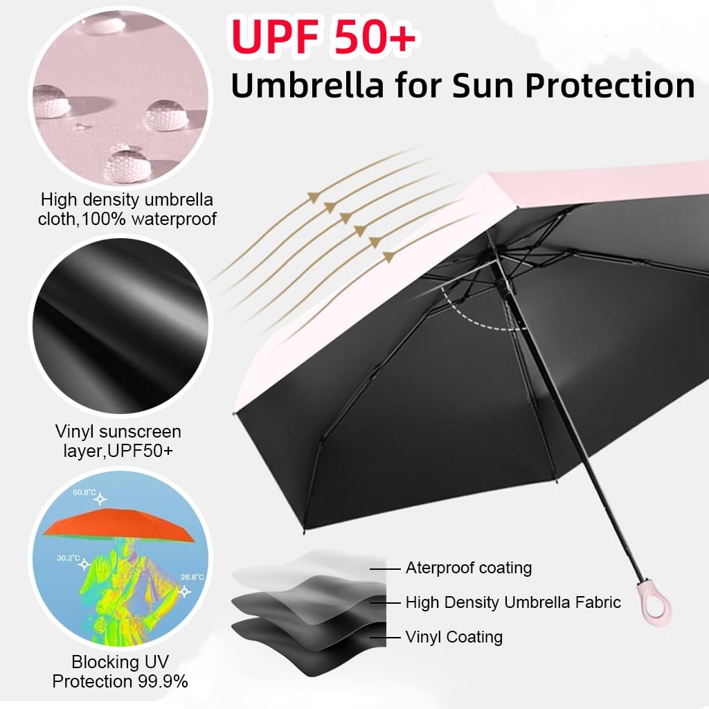 HASTHIP Travel Umbrella for Sun and Rain with UPF 50+ Protection and 6 Strong Ribs | Compact Lightweight Design for Women Men and Kids