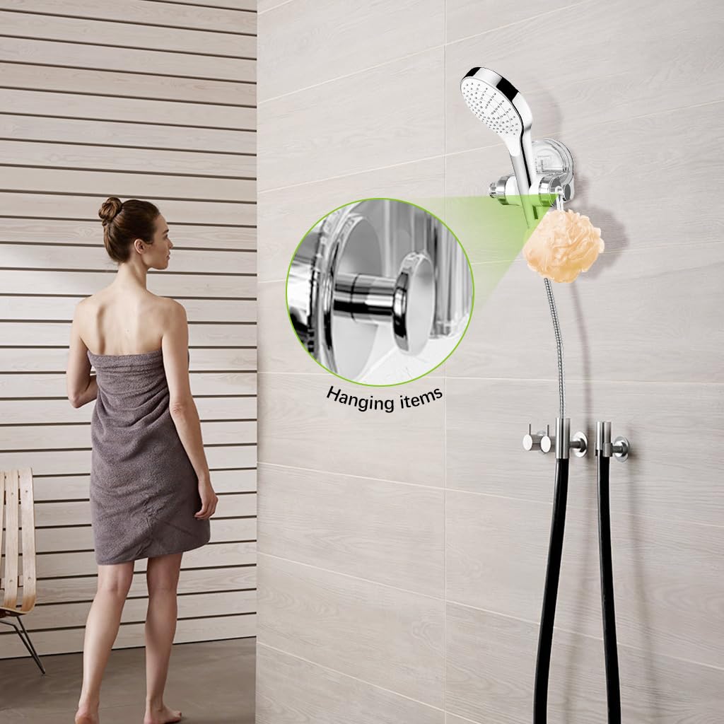 HASTHIP Shower Head Holder for Bathroom with Strong Suction Cup and Adjustable Angle | Transparent Wall Mount with Side Hook