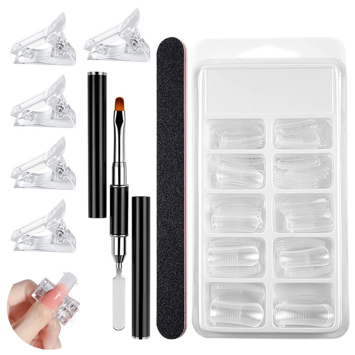 ZIBUYU® 100 Pcs Dual Nail Forms Clear Nail Mold Tips Kit with 1 Dual Head Gel Brush Pen,5 Nail Clips,1 Nail File 10 Sizes Forms Set with Scale for Acrylic UV Gel Nail Extension