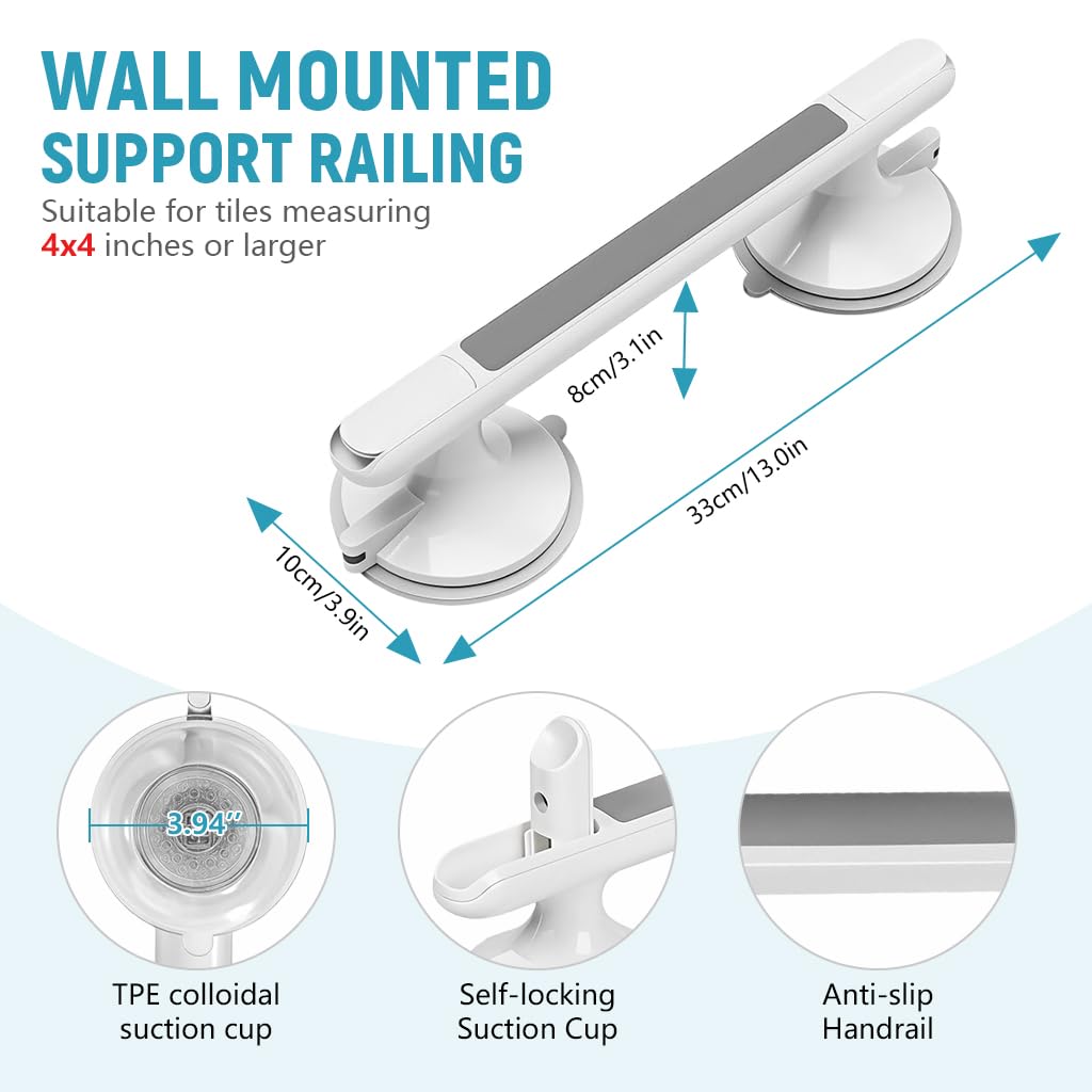 HANNEA Bathroom Grab Bar for Shower Safety with 12.9 in Length and Strong Suction Cups | Anti Slip Handle for Bathtub and Elderly Support