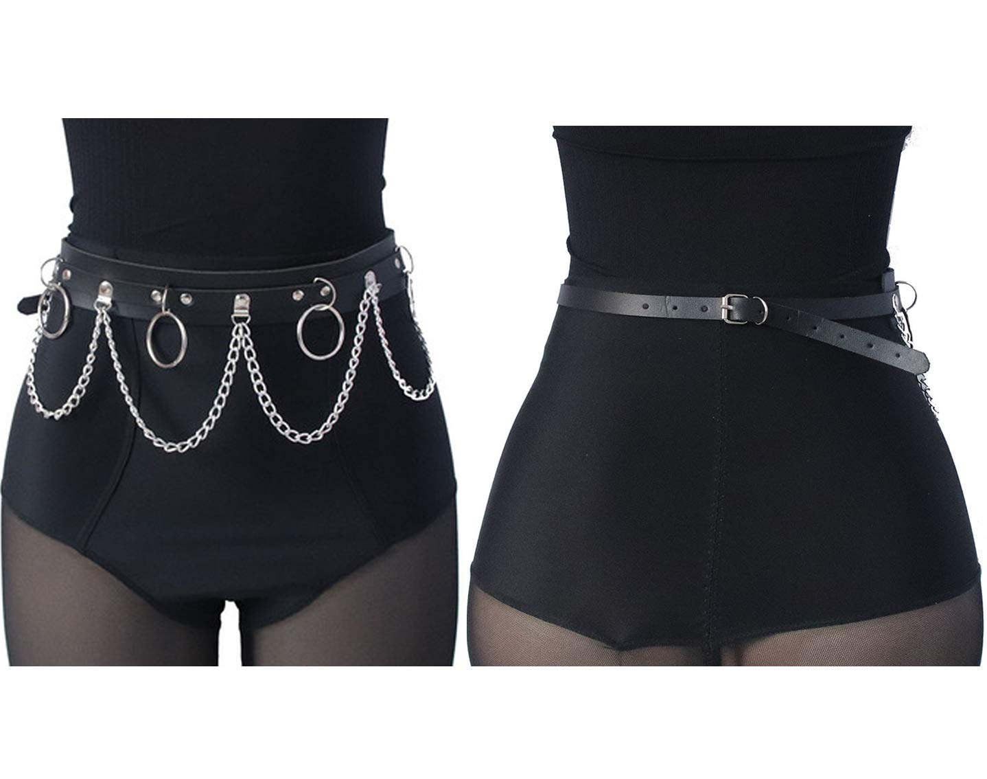 Venzina Waist Belt for Women featuring Metal Chains and Ring Buckle 97 cm Faux Leather Black | Punk Goth Style for Skirts and Jeans