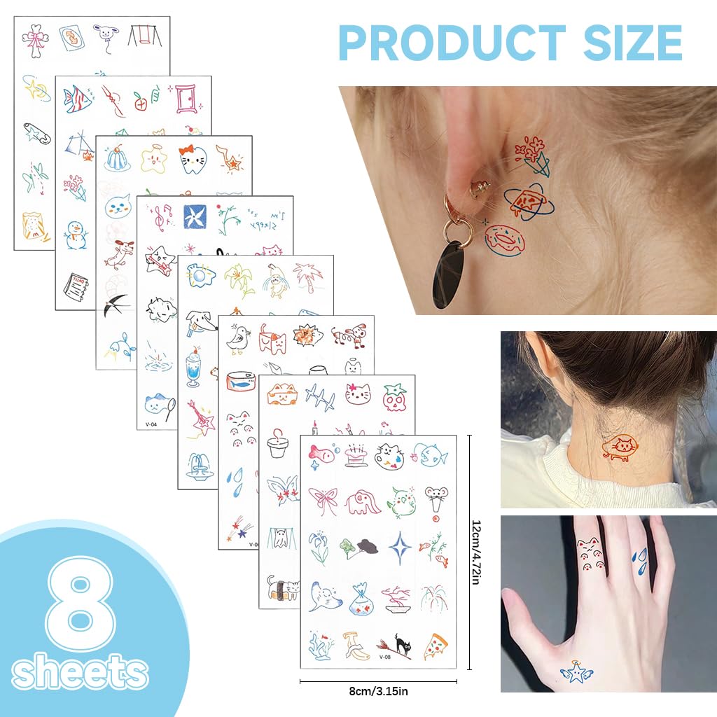 MAYCREATE Temporary Tattoo Stickers for Women and Girls with 8 Sheets Cute Kawaii Designs | Easy to Apply and Remove
