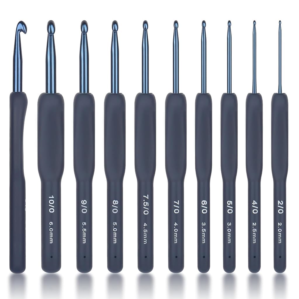 ZIBUYU Crochet Hook Set for Beginners with Ergonomic TPR Handles and 9pcs 2.0–6.0 mm Aluminum Hooks | Dark Blue Craft Kit
