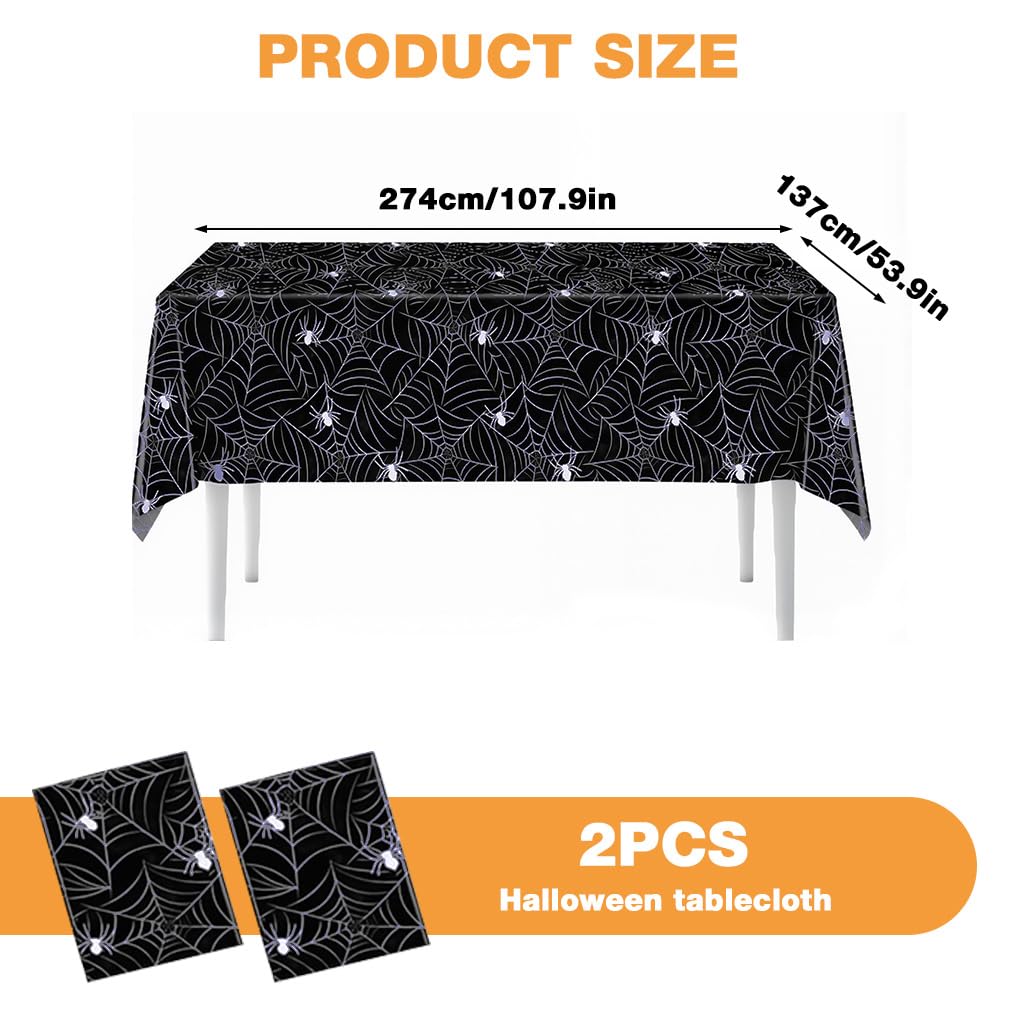 HASTHIP Halloween Tablecloth for Party Decor with Spider Web Design 137x274 cm | 2 Pack Black PE Cover