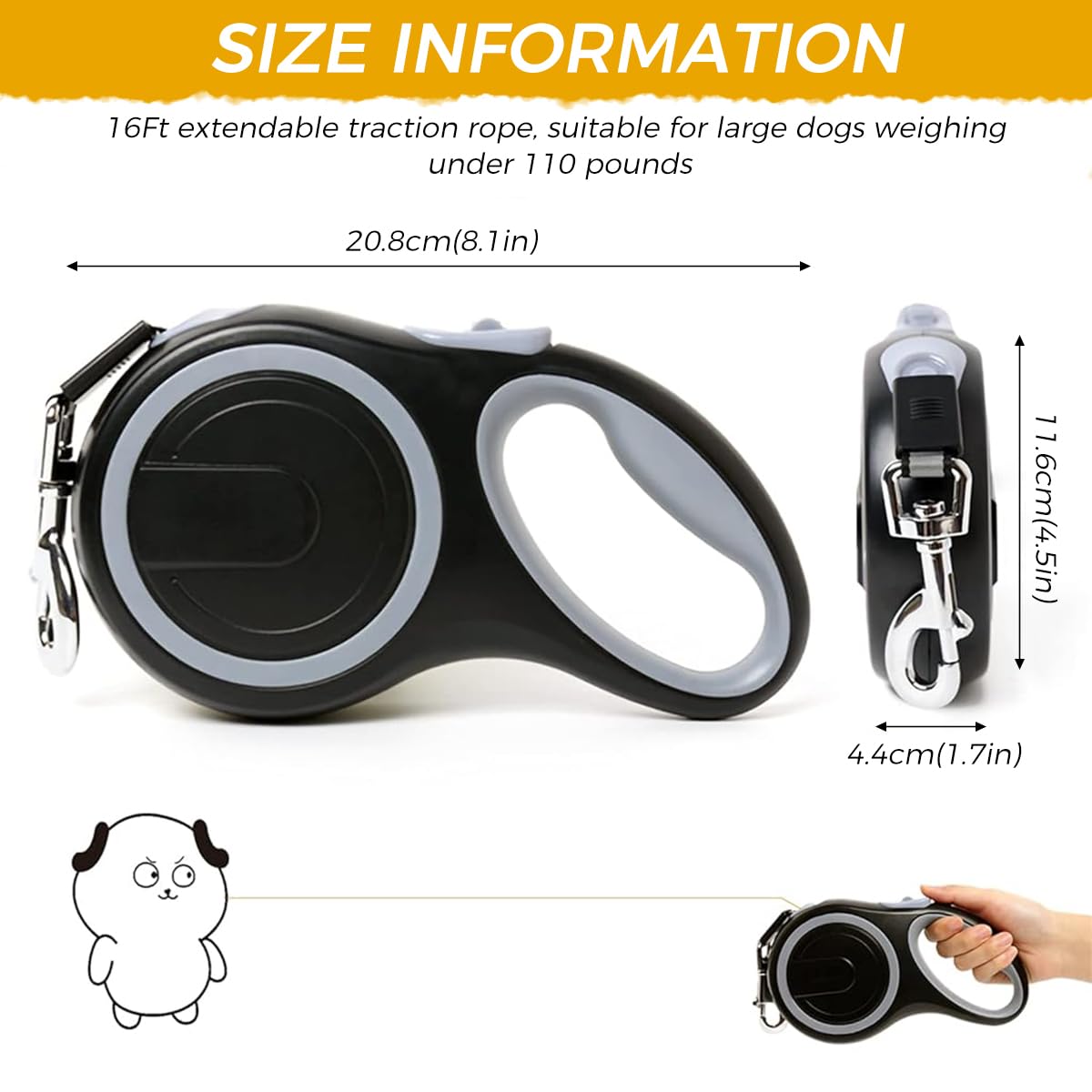 ZIBUYU® Retractable Dog Leash 16 Feet Ergonomic Long Leash for Dog and Cat Anti-Slip Handle Quick Release Buckle, One Button Lock & Release, Dogs Leash Flexi for Small to Large Dogs Up to 50kg - Black