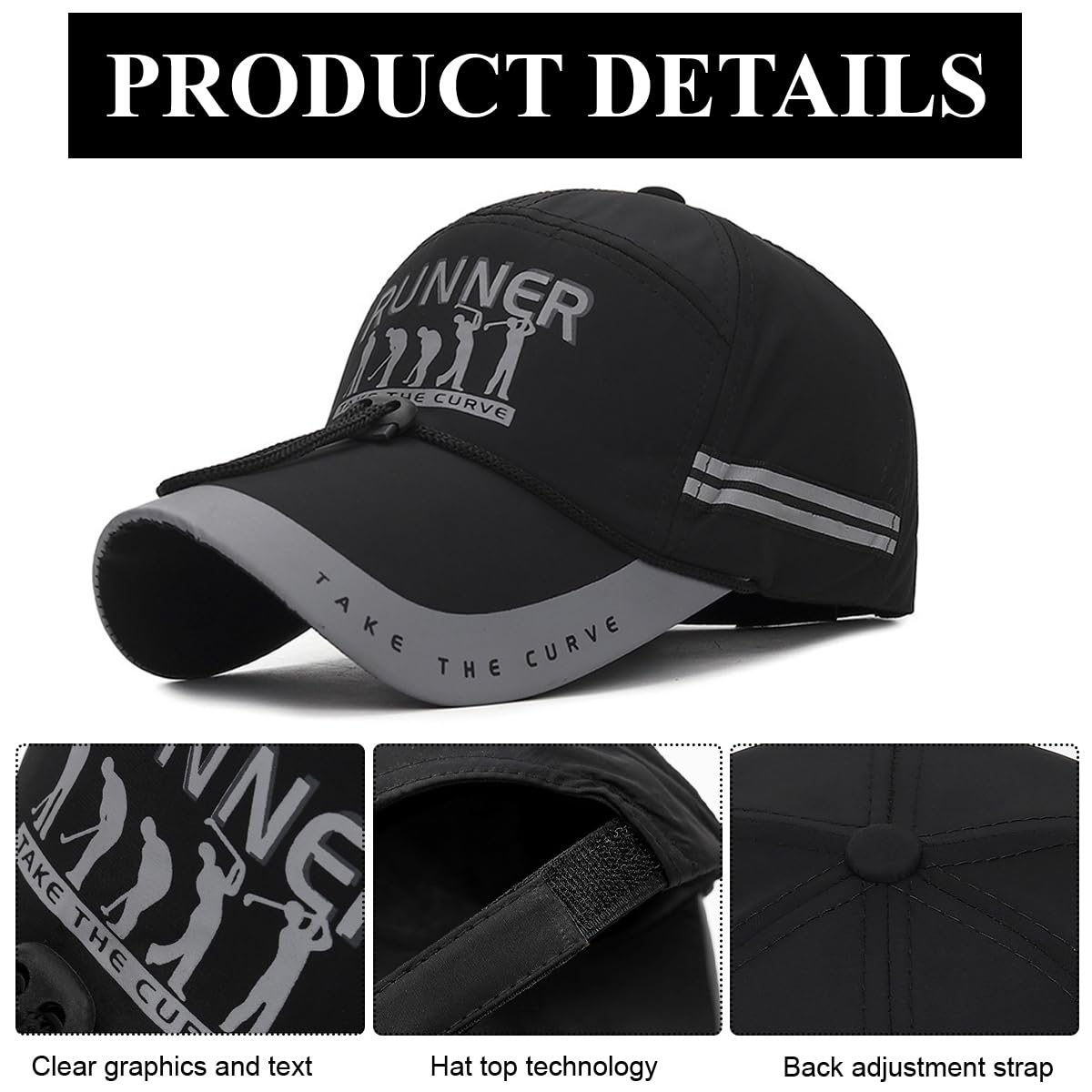 GUSTAVE Sport Baseball Cap for Running and Outdoor Use with 10.5 cm Visor and Chin Cord | Black Unisex UPF50+ Adjustable Hat
