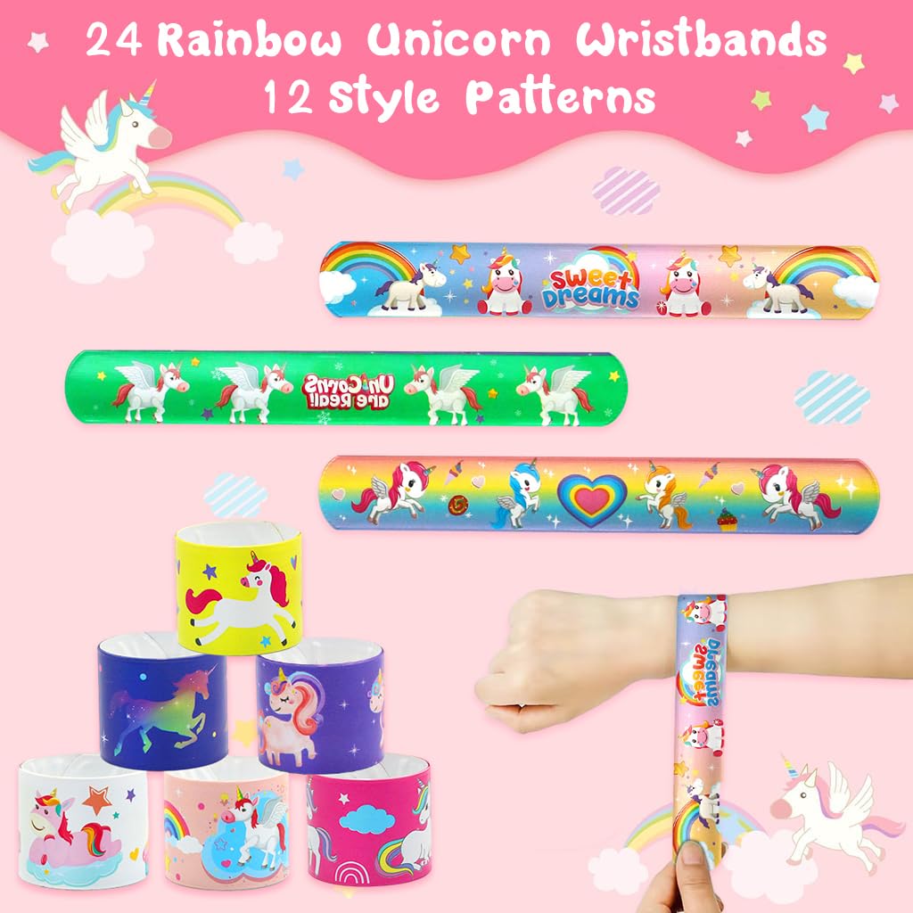 PATPAT Rainbow Unicorn Wrist Band for Kids with 24Pcs Slap Design & Silicone Snap Style | Party Gifts