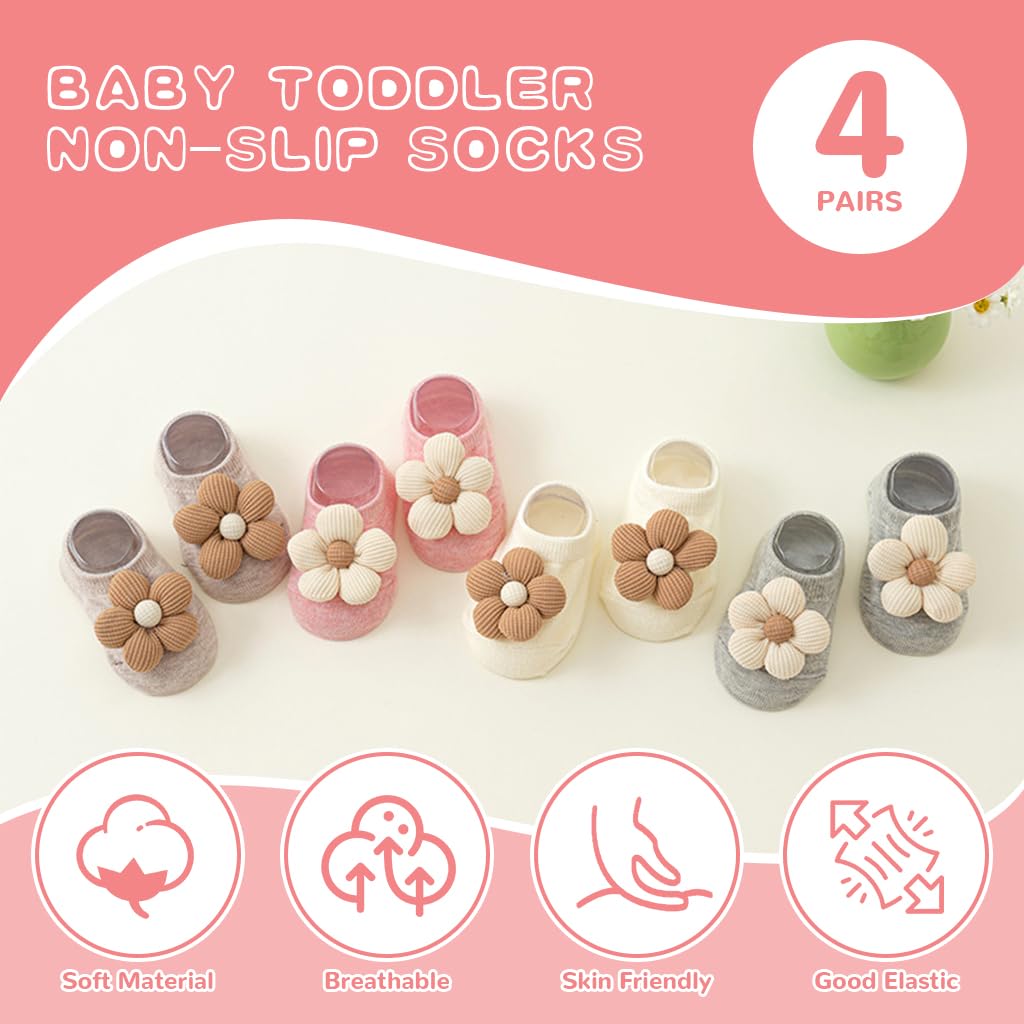 SNOWIE SOFT Baby Socks for 0–12 Months Girls with Anti Slip Grips and Breathable Cotton | 4 Pairs Gift Set