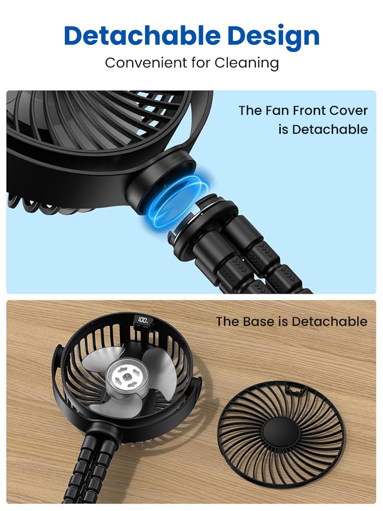 Verilux USB Stroller Fan with 5000mAh Battery and Flexible 3 Claws for Crib or Desk | Quiet Cordless Cooling