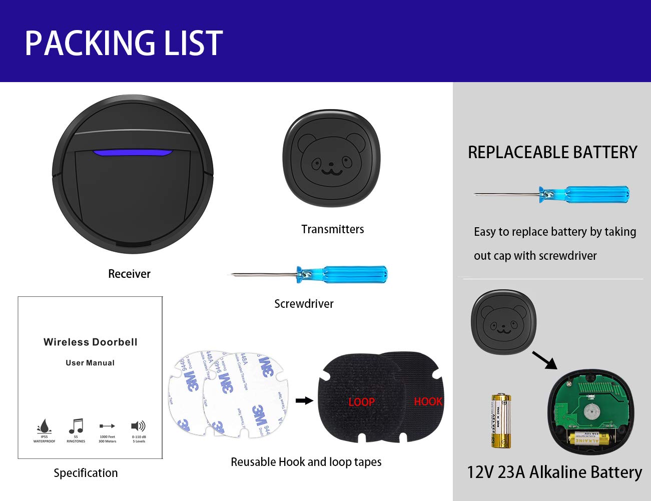 Supvox Door Bell for Home Electrical SOS Emergency Touch Button Alarm Wireless Door Bell Waterproof IP44 Ding Dong Bell with Catching Eye Flash Light Smart Door Bells 55 Ringtones and 5 Level Volume