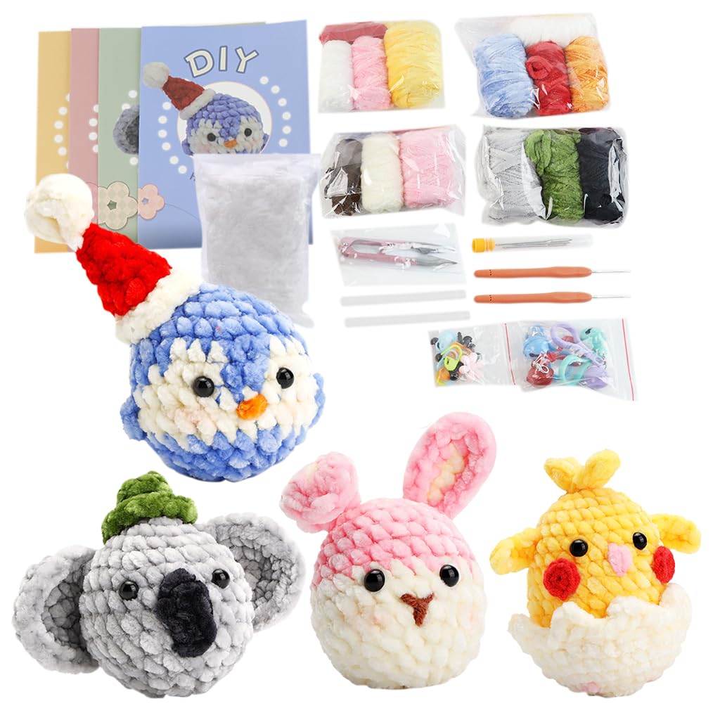 HASTHIP® 4Pcs DIY Crochet Kit Set Cartoon Chenille Animals Crochet Stuffed Animal Kit Stuffed Toy Desk Decor Keychain Pendent Starter Crochet Cute DIY Cartoon Crocheting Kit DIY Gift for Kids, Adults