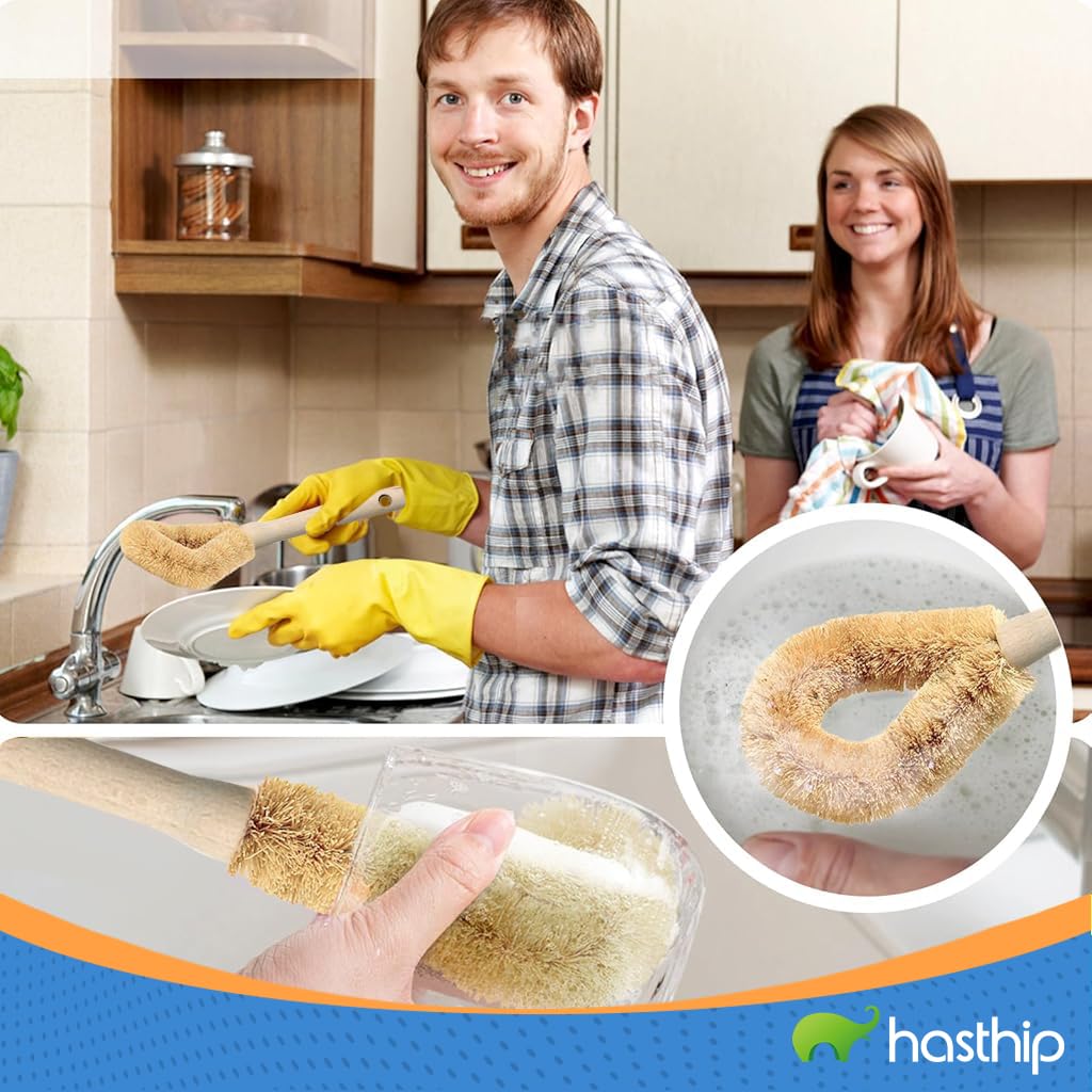 HASTHIP Kitchen Pot Cleaning Brushes 2Pcs with Wooden Handle Featuring Quick-Dry Coir Fiber | Eco-Friendly Scrubber for Pots and Pans