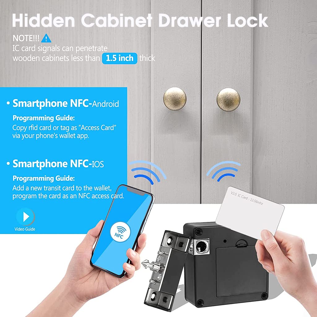 HASTHIP® Cupboard Lock Smart APP & NFC RFID Lock for Cabinet Lock for Drawer Steel Solid Lock Core Invisible Lock Cabinet Card Sensor with 5CM Sensing Distance Lock Anti-Theft Smart Lock For Drawer