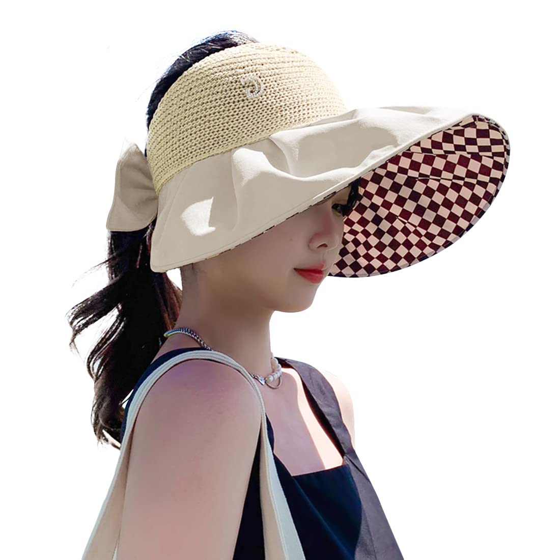 ZIBUYU Foldable Wide Brim Sun Visor Print Hat for Summer, Fishing, Travel, Hiking, Camping Beige for Women