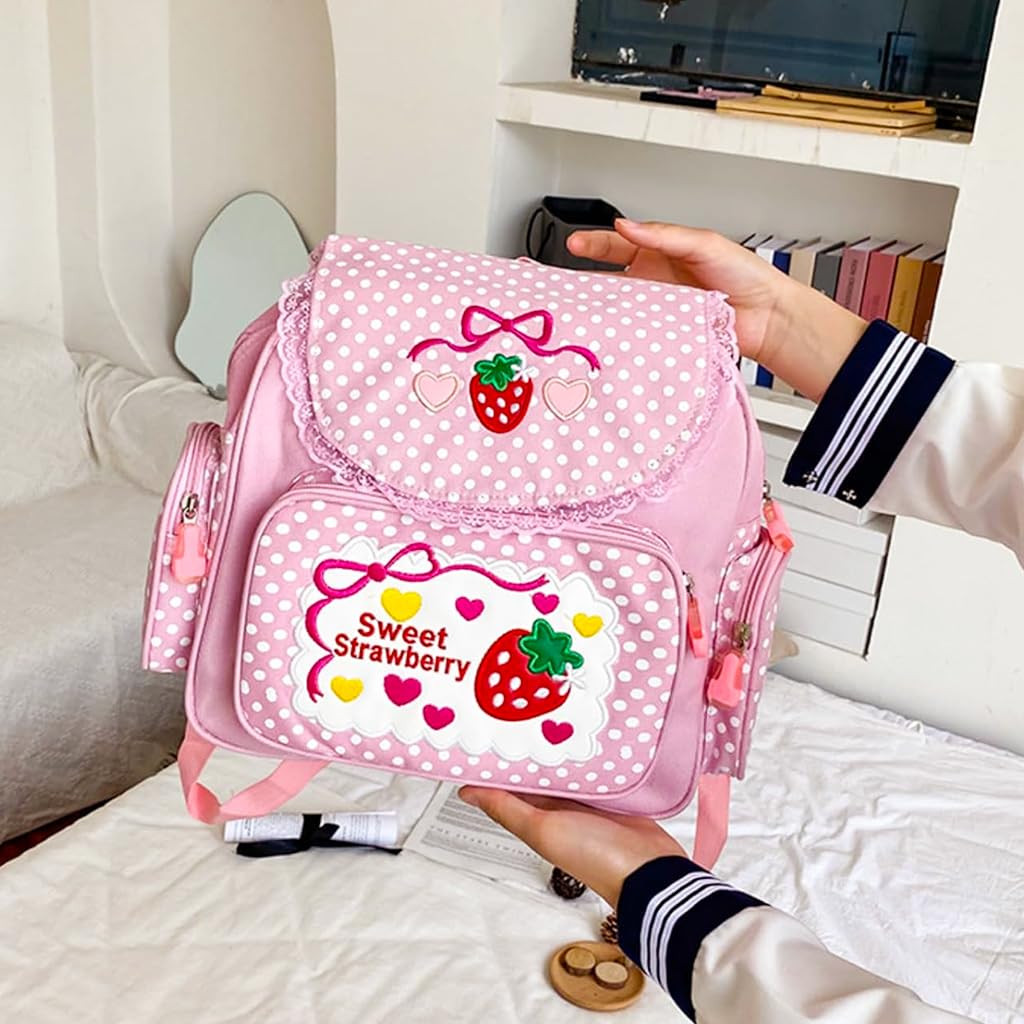 Zibuyu School Bag for Girls with 30x13x37cm Multi Pocket Canvas Design | Pink Strawberry Embroidery Backpack