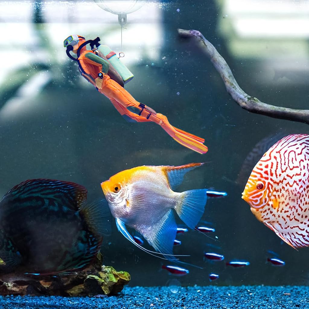 Qpets Fish Tank Floating Ornaments for Aquarium with 4.8 in Diver Figurines and Floating Ball | Blue and Orange Set