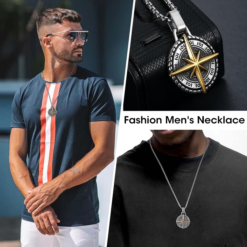 ZIBUYU Chain Pendant for Men Stylish Boys Necklaces Creative Alloy Polaris Compass Design Fancy Men Necklace Stainless Steel Chain Pendant Jewelry for Men Gift (24 inch Chain) - 1