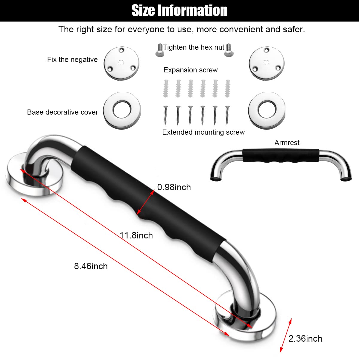 HASTHIP® 2 Pack Grab Bar, 12 Inch SUS304 Stainless Steel Shower Grab Bar with Anti-Slip Nylon Rubber Grip, Multipurpose Hand Rail, Toilet Grip Bar Bathtub Handle for Elderly, Disabled, Pregnant