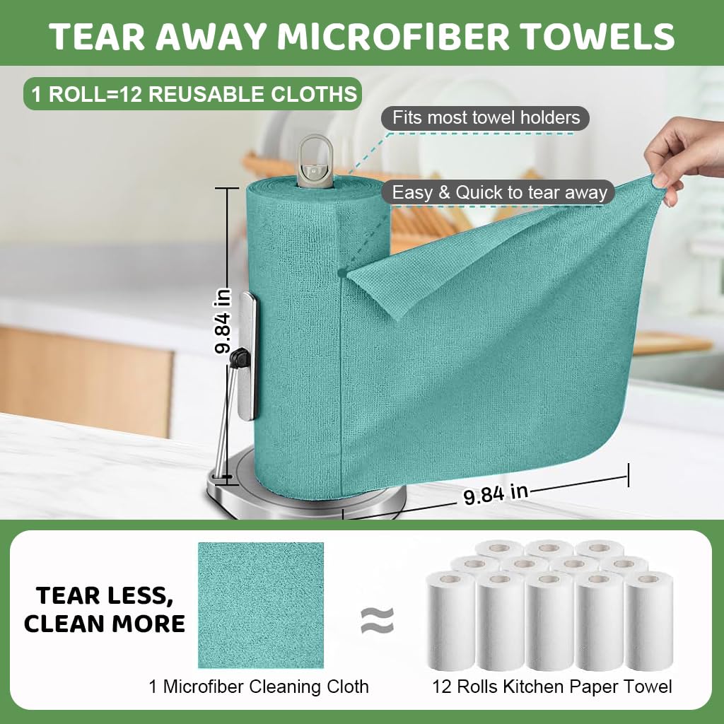 HASTHIP Microfiber Cleaning Cloth Roll for Kitchen with 50 Pre Cut Tear Away Rags | Green