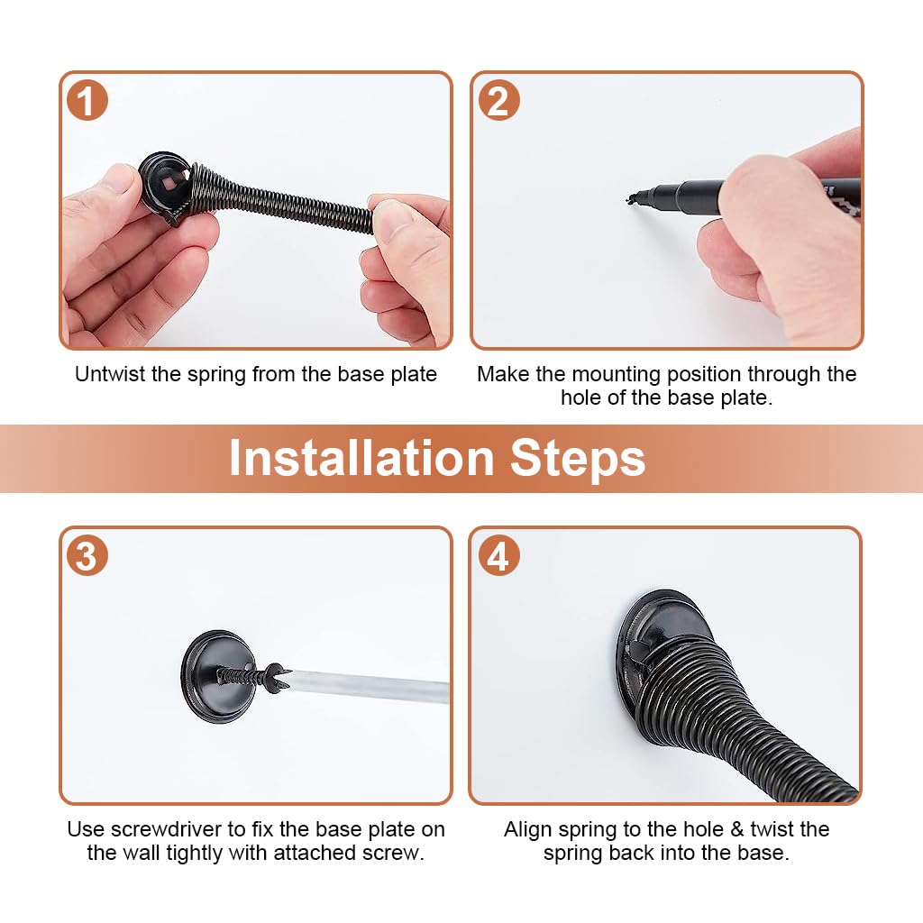 Supvox Door Stops for Baseboards with Screw Mounted Spring Design 6pcs Stainless Steel | Black Rubber Tips for Wall Protection