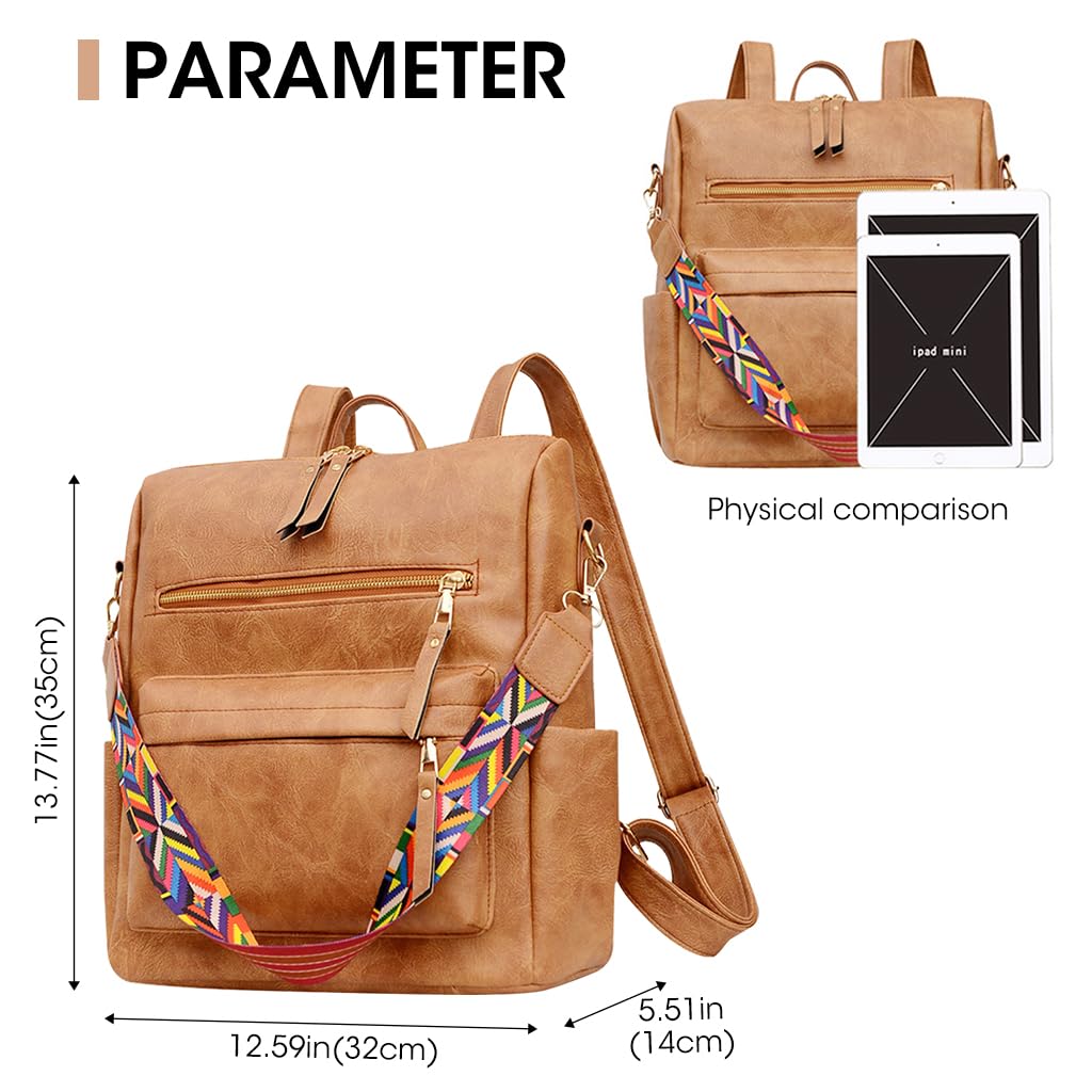 ZIBUYU Women Backpack for Travel and Office featuring Hidden Zipper Pouch | Light Brown PU Leather