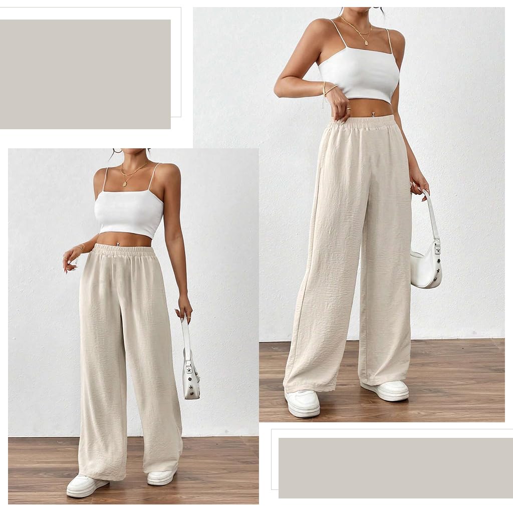 SANNIDHI Women High Waisted Wide Leg Pants for Summer with Elastic Waist and Flowing Tuck Design | Elegant Beige Palazzo Trousers
