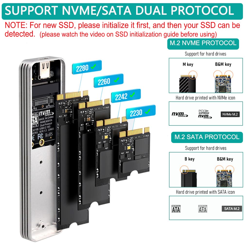 Zeitel Portable M.2 NVMe and SATA SSD Enclosure with 10Gbps USB-C | Aluminum Case Featuring RTL9210B Controller