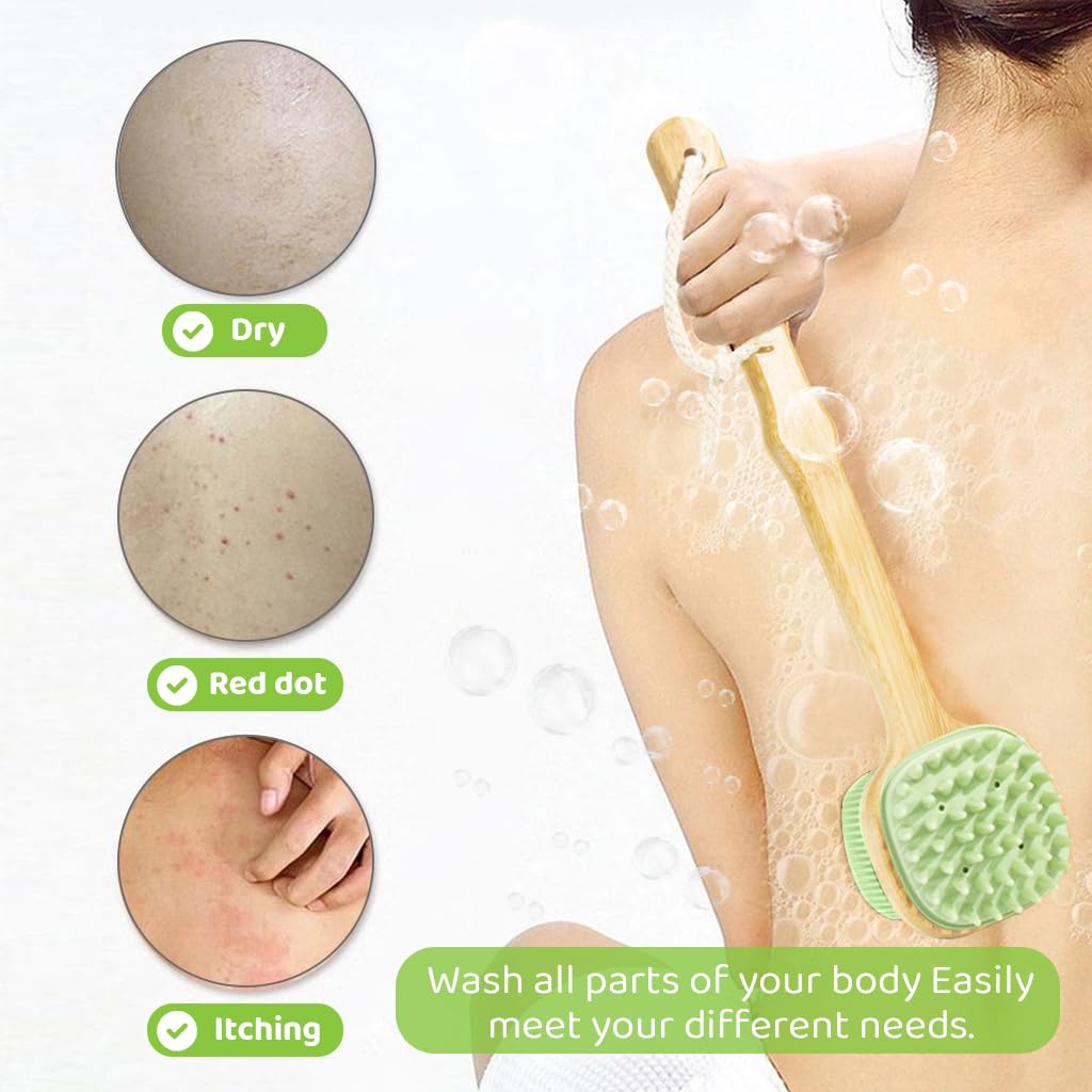 MAYCREATE Silicone Back Scrubber for Shower with Dual Sided Bristles and Wooden Handle | Green