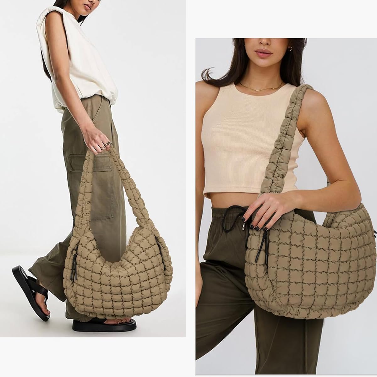 PALAY Soft Tote Bag for Work and Travel featuring Quilted Puffy Design in Brown | Versatile Shoulder and Crossbody Carryall