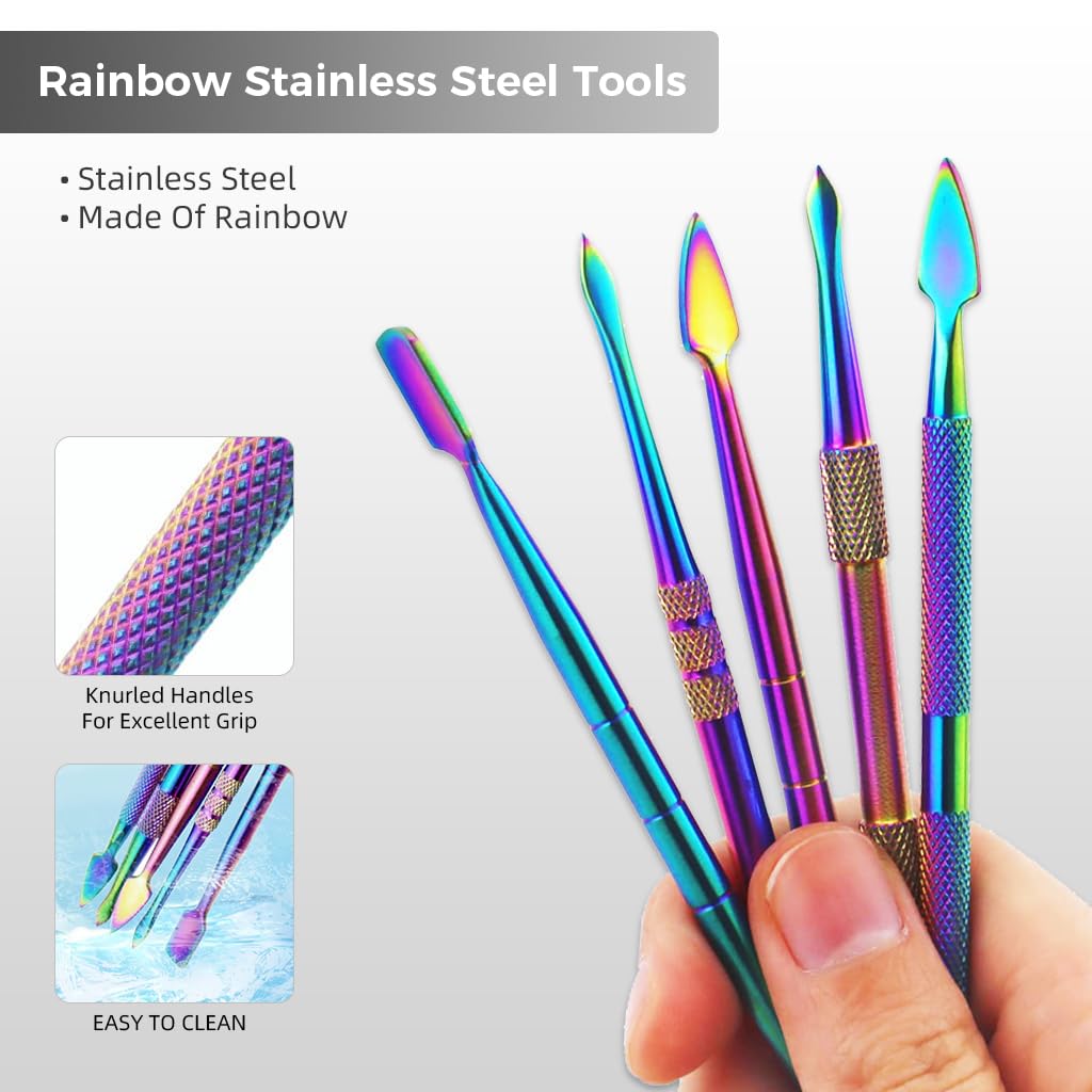 HASTHIP® 6 Pcs Wax Carving Tool Set with Silicone Container and Portable Metal Case, Double-Ended Carving Tool Rainbow Stainless Steel Wax Sculpting Tools for Wood, Wax, Clay, Pottery