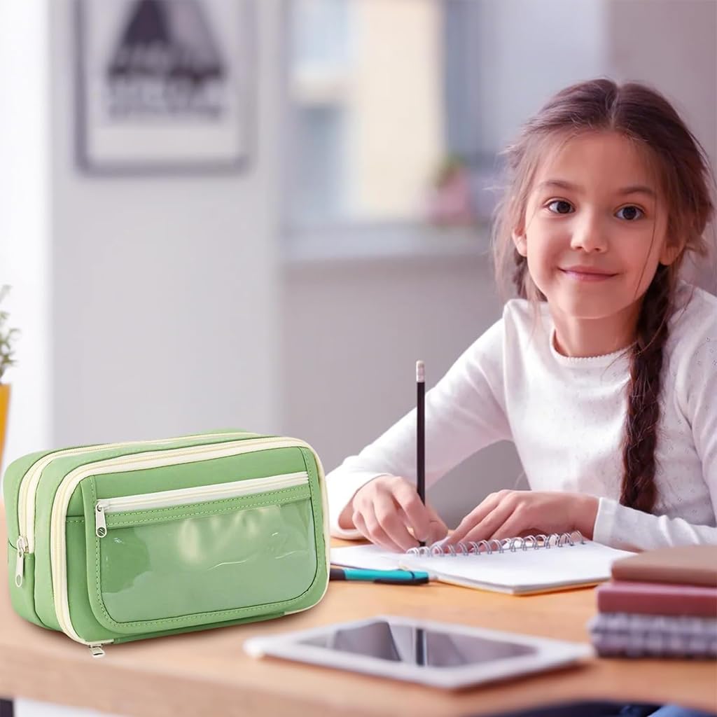 Zibuyu Pencil Pouch for School and Office with Multi Layer Mesh Pockets | Green Organizer Bag